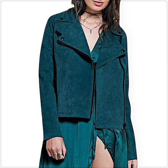Stone Row Motorin Evergreen Suede Leather Biker Moto Jacket Teal Green NWT New M - Picture 1 of 9
